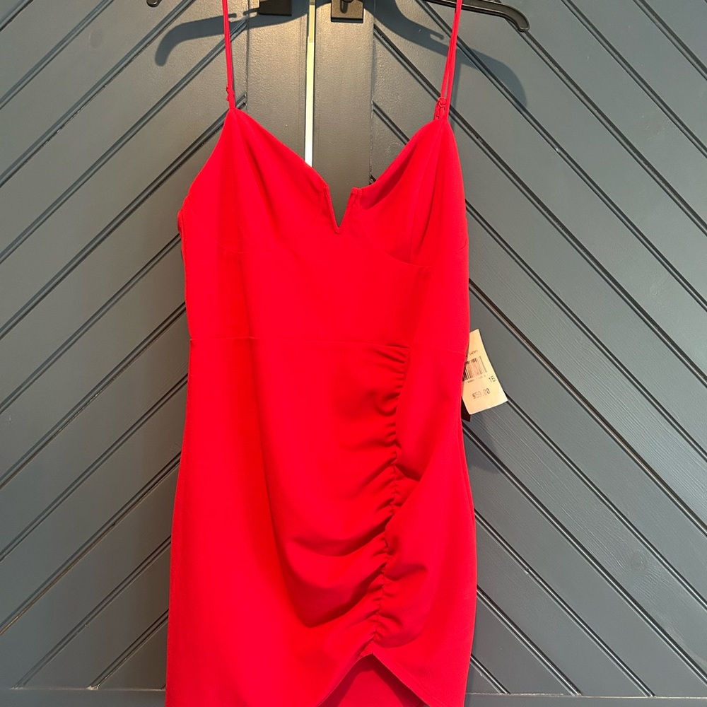 Red Asymmetrical Ruched Mini Dress
